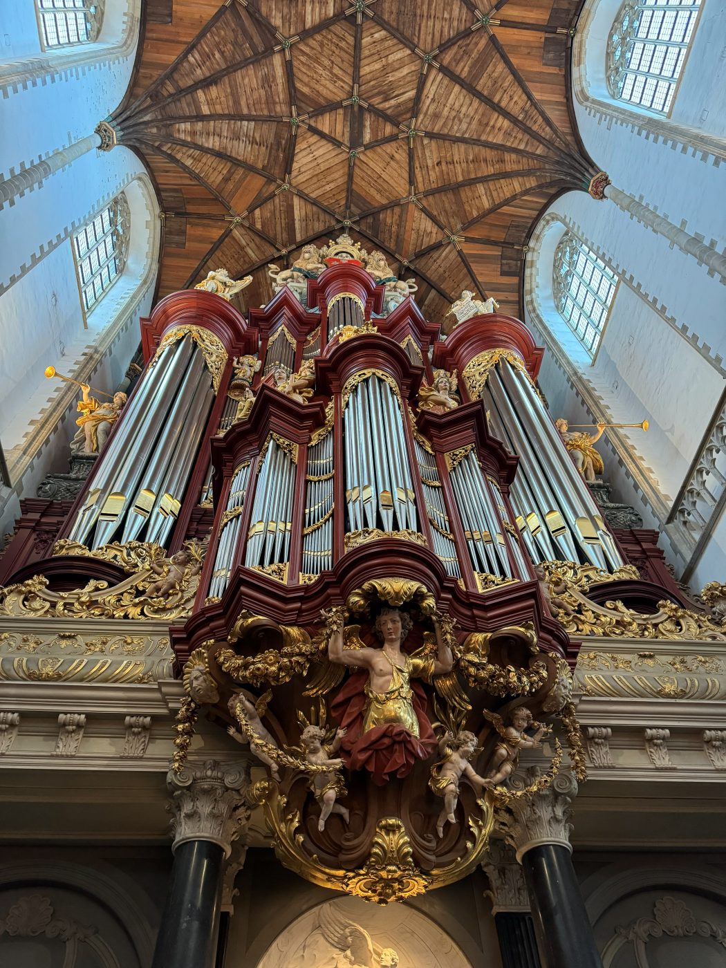 Baroque pipe organ facade seen from below